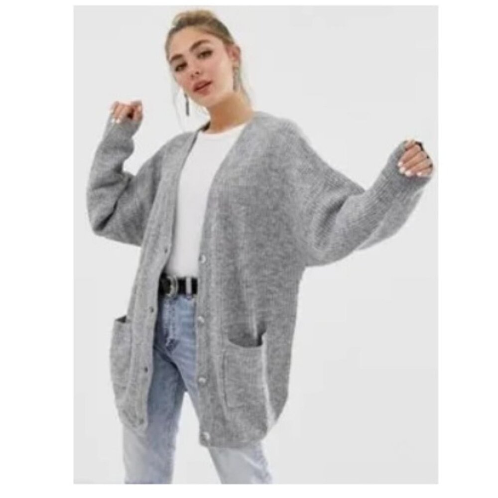 Monki Wool Blend Longline Cardigan in Grey size M